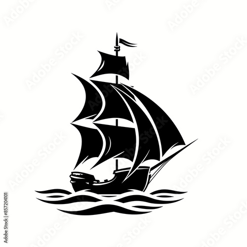 Pirates silhouette of a ship, pirates ship logo or icon black and white. Sailing pirate ship art vector illustration isolated on a white background 