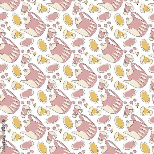 Seamless ornament with doll dishes. White and pink ornament. Vector illustration