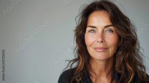 portrait of a beautiful Caucasian woman with dark long hair, 50 -59 years older, well-groomed facial skin, studio portrait white background. copyspace