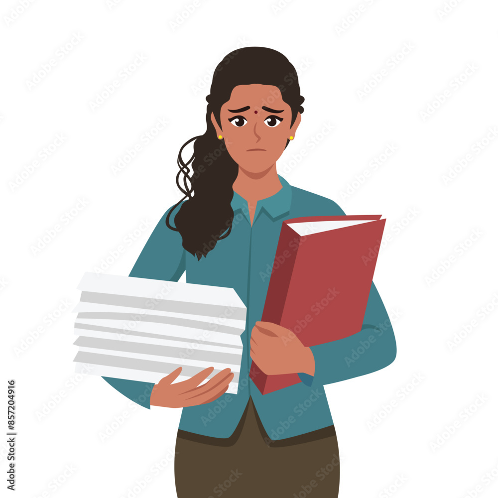 Sad Employee or businesswoman holding stack of folders and documents. Flat vector illustration isolated on white background Sad Employee or businesswoman holding stack of folders and documents. Flat vector illustration isolated on white background
