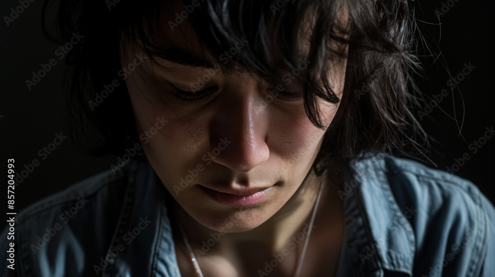 Close-up portrait of a young person looking down, wearing a denim shirt Close-up portrait of a young person looking down, wearing a denim shirt