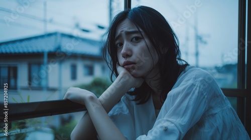 A young woman rests her chin on her hand, looking out of a window photo