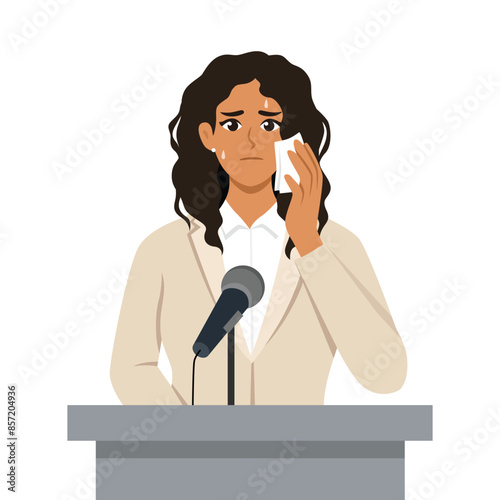 Beautiful woman feeling fear and anxiety before stage speech. Flat vector illustration isolated on white background