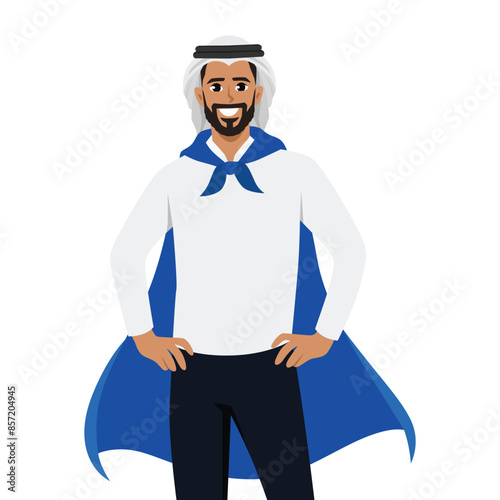 Young Successful Super man. Middle eastern man. Flat vector illustration isolated on white background