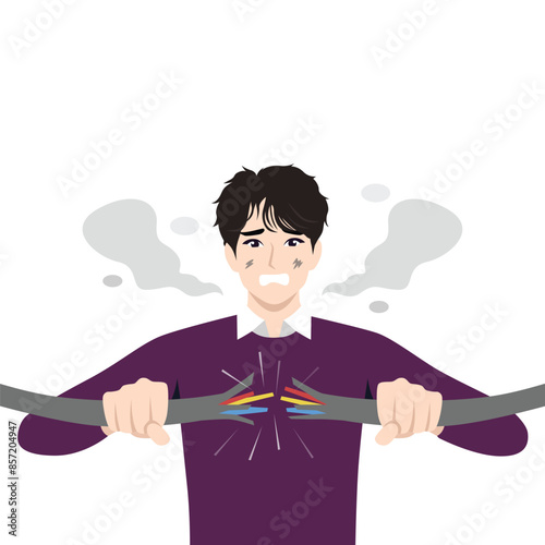 Young stunned male employee get electric shock from wire. Flat vector illustration isolated on white background