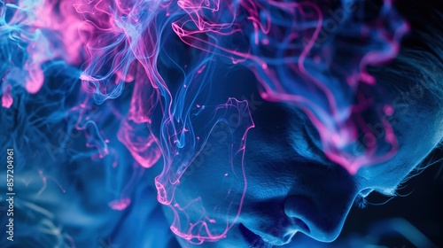 Swirling blue and pink ink creates an abstract pattern around a person's face