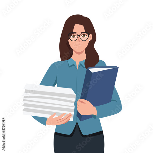 Unhappy Employee or businesswoman holding stack of folders and documents. Flat vector illustration isolated on white background