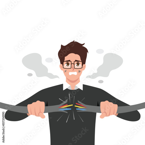 Young stunned man employee get electric shock from wire. Flat vector illustration isolated on white background