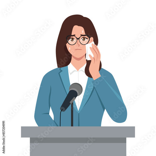 Young woman feeling fear and anxiety before stage speech. Flat vector illustration isolated on white background