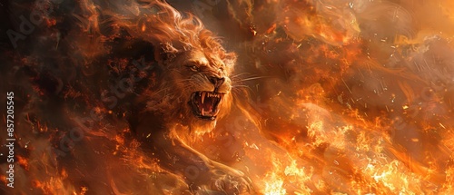 A manticore with a backdrop of blazing fire, representing mythical power and aggression photo