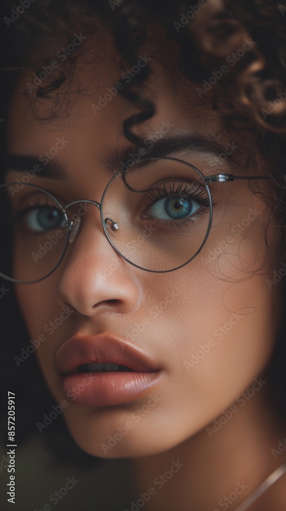 A close-up portrait of a woman with curly hair wearing glasses