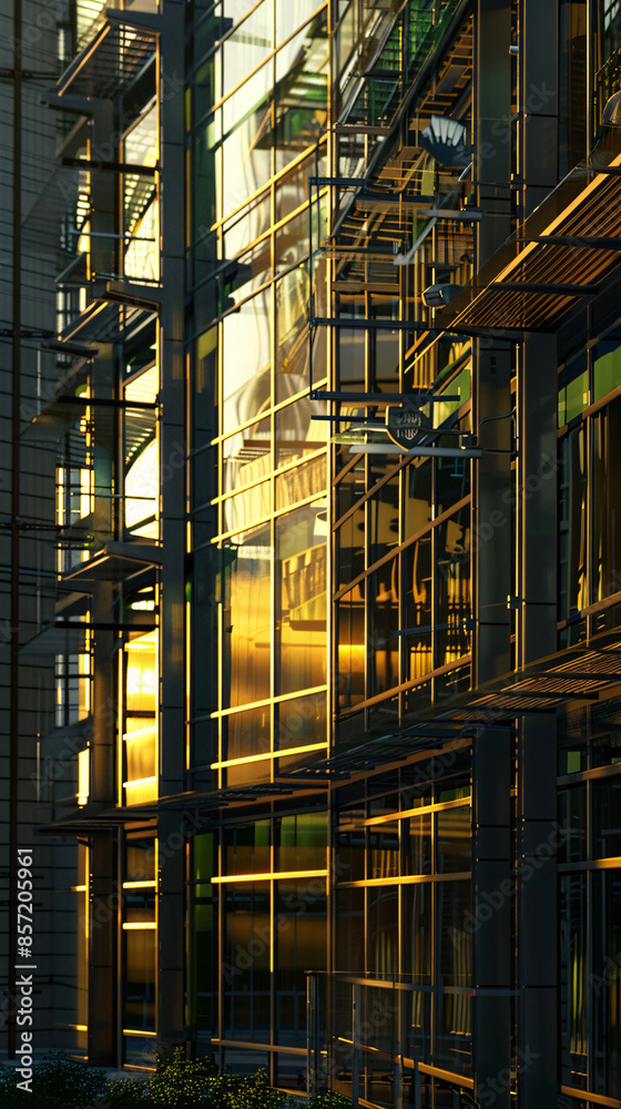 Obraz premium Energy-Efficient Gothic Revival: Abstract Art of a Sustainable Office Building with Solar Panels and Modern Design Elements