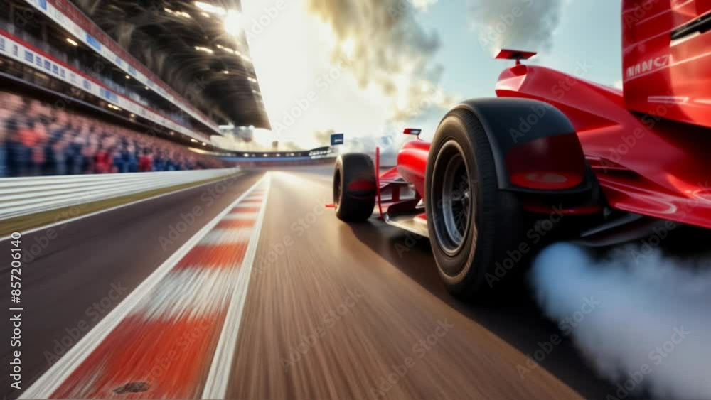 Formula One Car Racing on the Track. The Power of Engineering. For use in sports videos,  or anything that needs to evoke a sense of speed, power, and excitement.