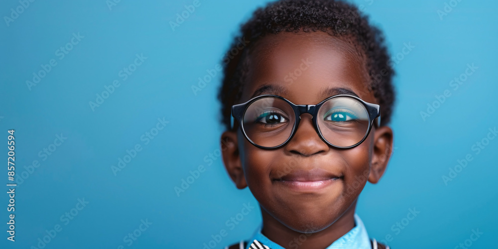 Happy little African American boy with big eyeglasses and bow ties, isolated on solid blue background. Can be used for fashion, education, or diversity-related content. Happy little African American boy with big eyeglasses and bow ties, isolated on solid blue background. Can be used for fashion, education, or diversity-related content.