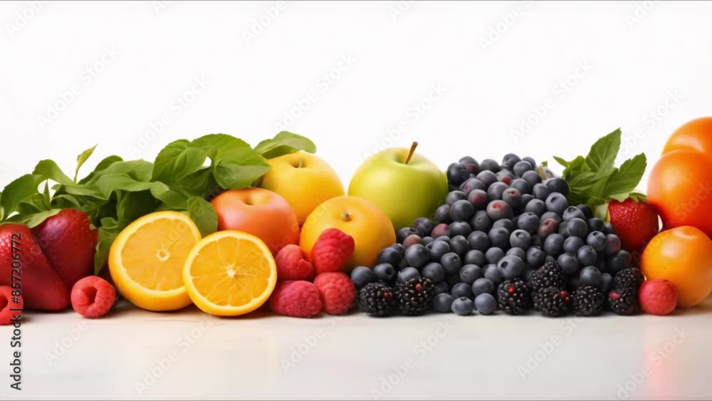 Assortment of fresh fruits and vegetables on a white background. Concept Healthy Eating, Fresh Produce, Food Photography, Nutritious Diet, White Background Assortment of fresh fruits and vegetables on a white background. Concept Healthy Eating, Fresh Produce, Food Photography, Nutritious Diet, White Background
