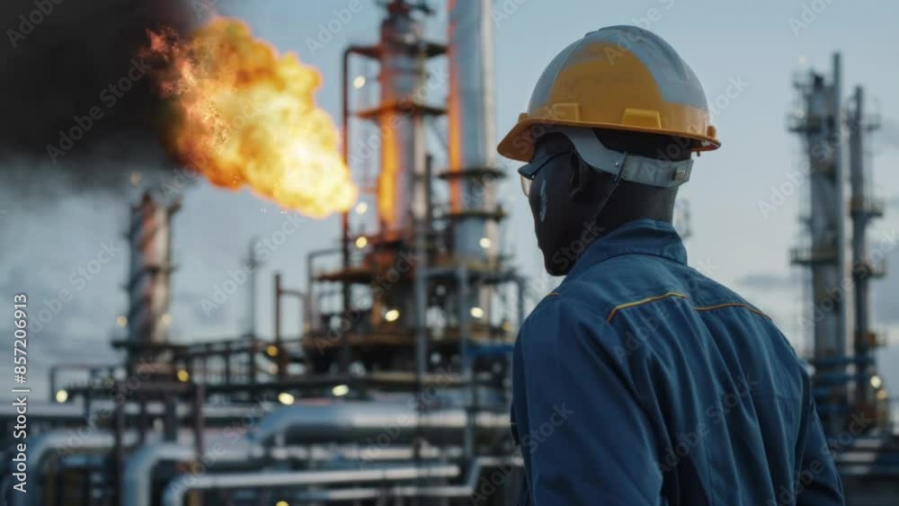 Two engineers at black oil factory at sunset, created using ai tool Two engineers at black oil factory at sunset, created using ai tool