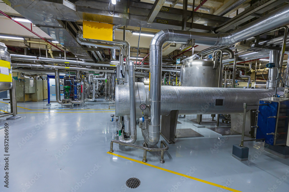 Process heat exchanger at the insulation in process area of pipeline flowing stainless chemical in a factory