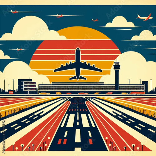 The image depicts an airplane taking off at sunset with multiple runways in the foreground, capturing the essence of air travel and airport operations in a simplified graphic style.