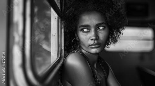 A black and white photo of a woman with curly hair looking out of a train window
