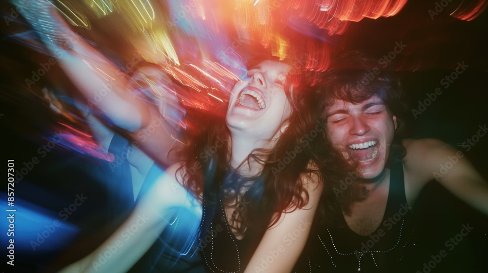Naklejka premium Two young people laughing and dancing at a nightclub