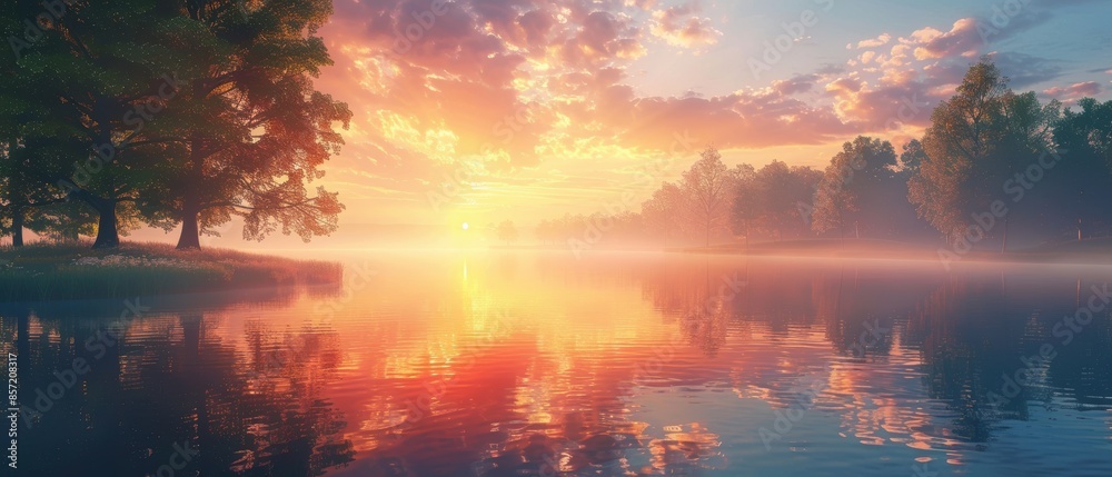 A peaceful sunset over a calm lake with reflections of trees, in A peaceful sunset over a calm lake with reflections of trees, in