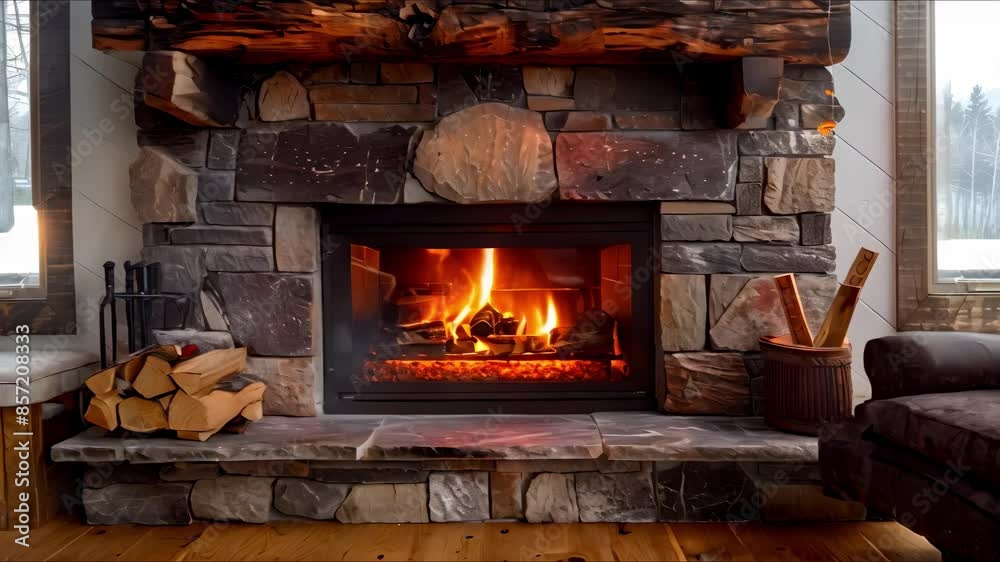 Cozy fireplace surrounded by a rustic stone wall interior design. Concept Rustic Stone Wall, Cozy Fireplace, Interior Design Cozy fireplace surrounded by a rustic stone wall interior design. Concept Rustic Stone Wall, Cozy Fireplace, Interior Design
