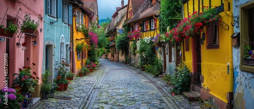 A picturesque scene of a quaint European village with cobblestone streets, colorful houses, and flower boxes on every window