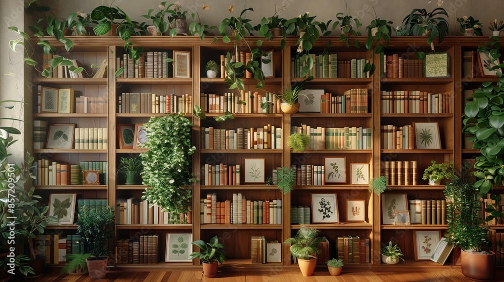 A library dedicated to nature with wooden shelves, botanical illustrations, and diverse plants among books. A library dedicated to nature with wooden shelves, botanical illustrations, and diverse plants among books.