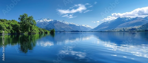 A pristine lake surrounded by mountains, great for nature and travel themes