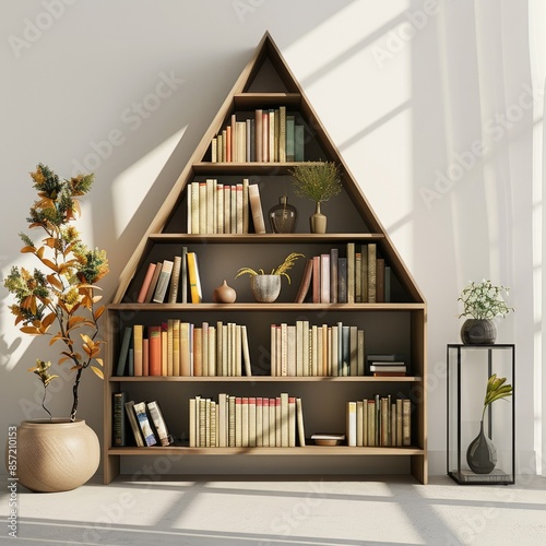 "Stylish Bookcase Front View Studio Photography with Simple Modern Design and Neatly Arranged Books in High-Resolution"