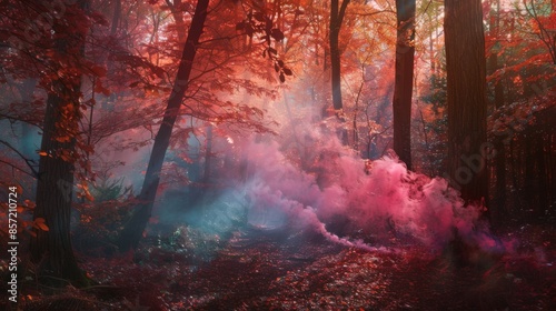 An enchanting woodland setting captured in the midst of autumn, with fiery red leaves adorning the trees and carpeting the forest floor. Colorful wisps of smoke rise from the earth,   © UMAR SALAM
