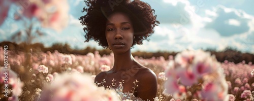 Stunning young lady with an afro hairstyle strikes a pose in a meadow of pink blooms