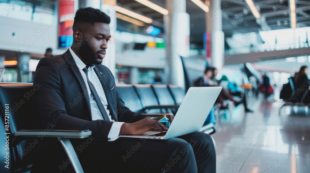 Professional Man in Black Suit at Airport Lounge Professional Man in Black Suit at Airport Lounge