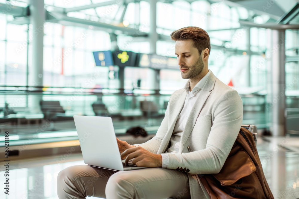 Stylish Man on Laptop in Modern Airport Lounge Stylish Man on Laptop in Modern Airport Lounge