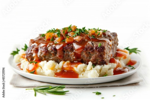 Close-up of a juicy Salisbury steak served with mashed potatoes and gravy.