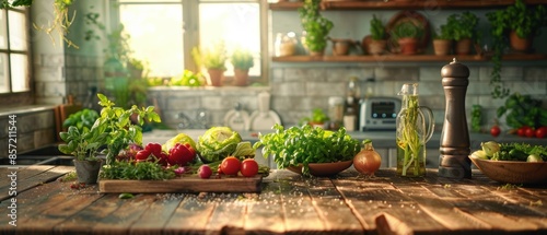 A rustic kitchen with fresh vegetables and herbs on a wooden table, in 8k uhd