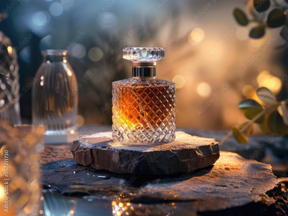 A bottle of perfume sits on a table, perfect for use as a still life or product photography A bottle of perfume sits on a table, perfect for use as a still life or product photography
