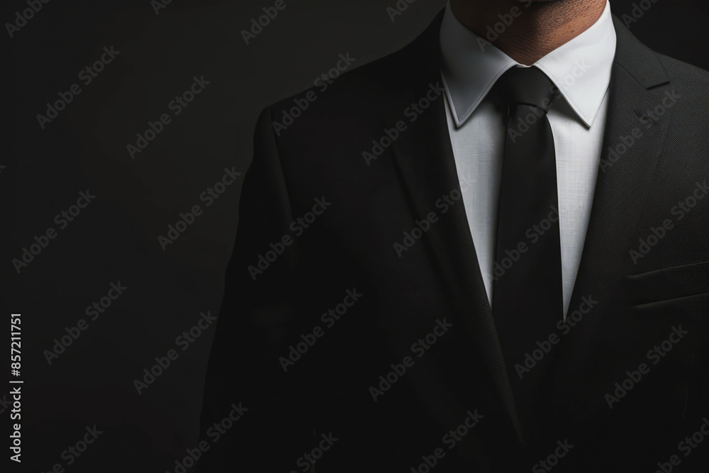 Close-up view of man wearing black suit and tie against dark background. Stylish businessman portrait Close-up view of man wearing black suit and tie against dark background. Stylish businessman portrait