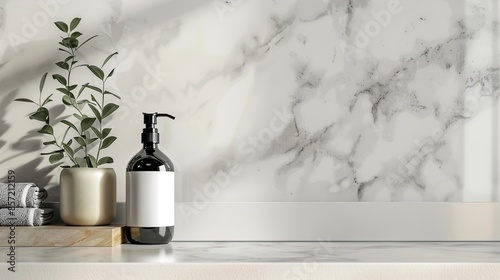 A mockup with a blank hand wash bottle on the luxurious bathroom. photo