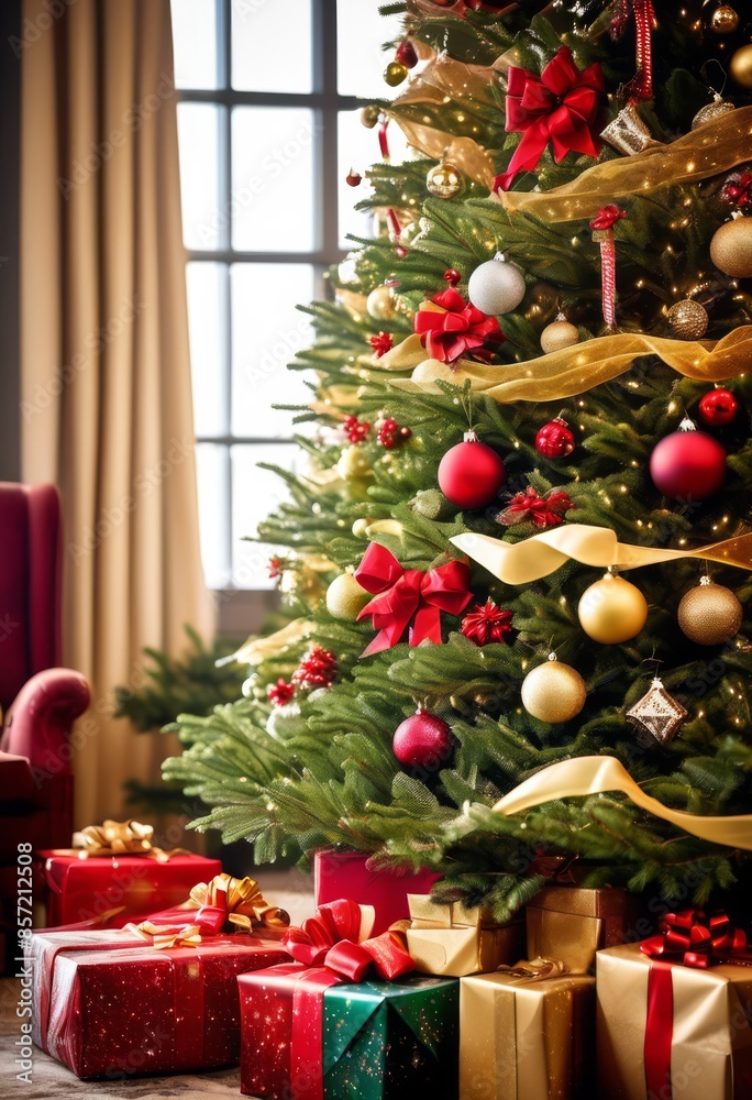 elegantly wrapped presents under christmas tree, gift, surprise, ribbon, bow, colorful, shiny, boxes, december, ornaments, joyful, tradition, seasonal