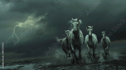 Running horses against the background of a dark storm.