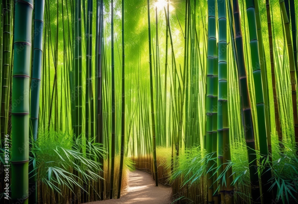 Fototapeta premium serene bamboo forest bathed dappled sunlight, peaceful, green, tranquil, nature, trees, shadows, environment, outdoor, landscape, zen, calm, foliage