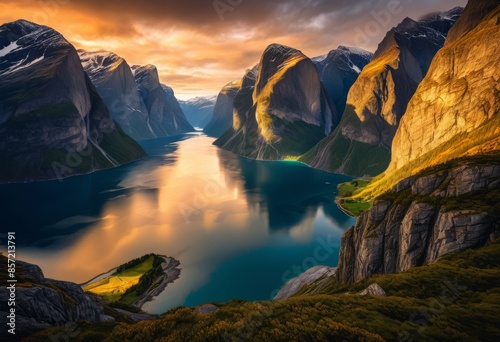 majestic fjord embraced towering cliffs, mountains, tranquil, water, picturesque, scenery, rocky, landscape, calm, nature, breathtaking, view, high, rocks, quiet photo