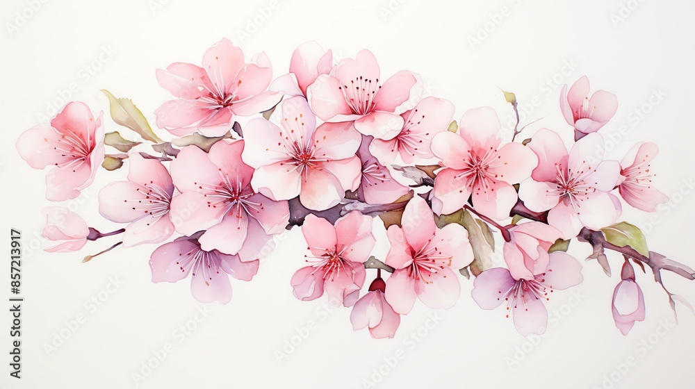 Watercolor painting of a delicate branch of pink cherry blossoms.