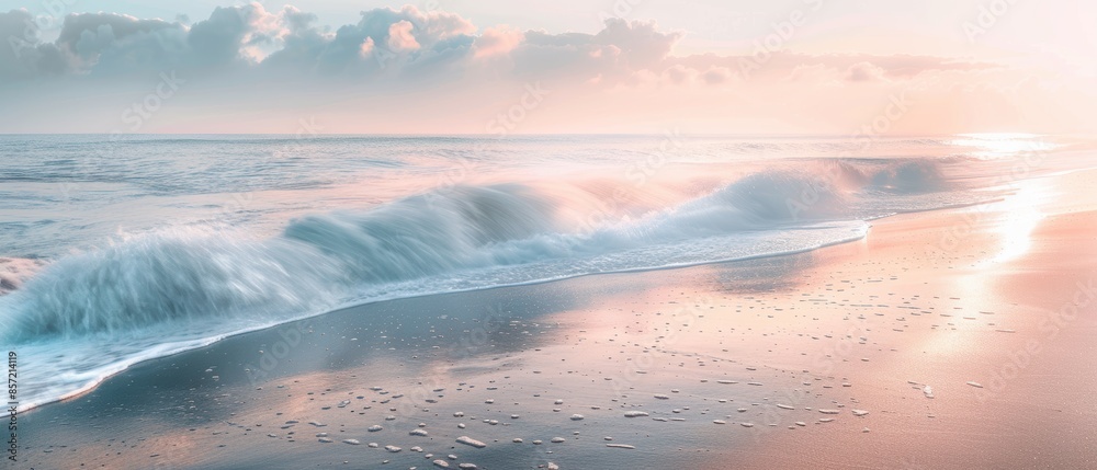 A serene coastal landscape at sunrise, with soft waves lapping against a sandy shore, and a gentle mist rising from the ocean A serene coastal landscape at sunrise, with soft waves lapping against a sandy shore, and a gentle mist rising from the ocean