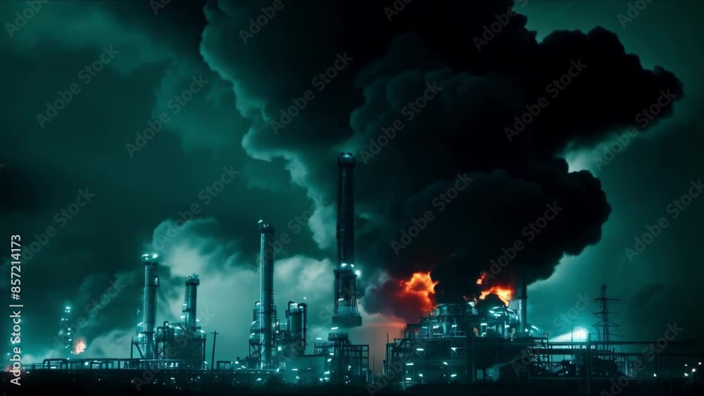 A fire and explosion at an oil refinery release dark smoke. Concept ...