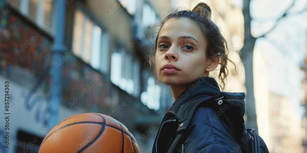 A woman holds a basketball in front of a building A woman holds a basketball in front of a building
