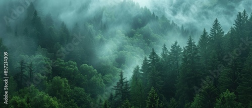 A serene, foggy morning in a dense forest with tall pine trees, captured in