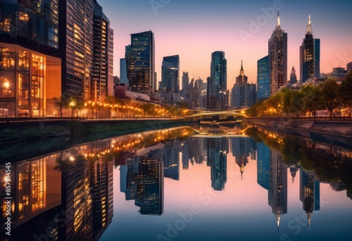 urban skyline mirrored calm river below, cityscape, buildings, architecture, skyscrapers, water, reflection, landscape, city, glassy, surface, metropolitan, view