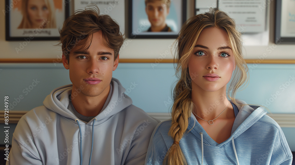 A young couple in workout gear sits anxiously in a doctor's waiting room, their faces pale with concern as they await test results A young couple in workout gear sits anxiously in a doctor's waiting room, their faces pale with concern as they await test results
